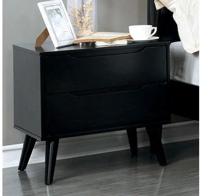 Alt view image 4 of 7 - Mid-Century Modern Black Color 1pc Nightstand Bedroom Furniture Solid wood Round Tapered Legs 2-Drawers Bedside Table