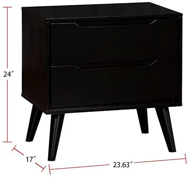 Alt view image 6 of 7 - Mid-Century Modern Black Color 1pc Nightstand Bedroom Furniture Solid wood Round Tapered Legs 2-Drawers Bedside Table