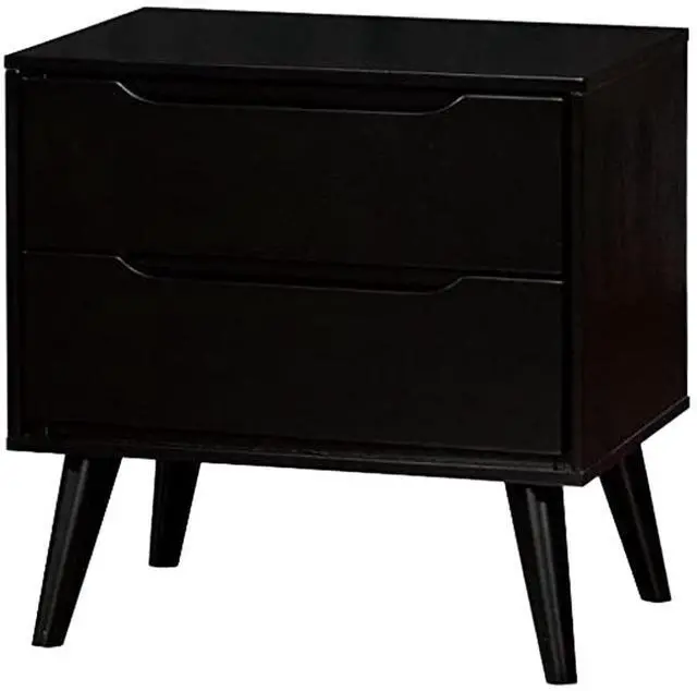 Alt view image 7 of 7 - Mid-Century Modern Black Color 1pc Nightstand Bedroom Furniture Solid wood Round Tapered Legs 2-Drawers Bedside Table