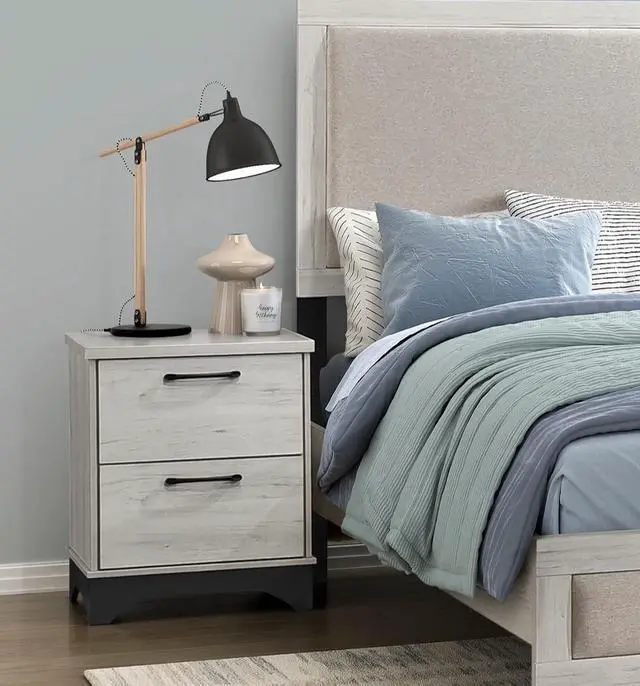 Alt view image 2 of 7 - Contemporary Two-Tone White Oak and Gray Finish 2-Drawer Nightstand Bedroom Furniture 1pc