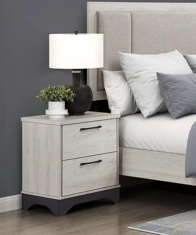 Alt view image 7 of 7 - Contemporary Two-Tone White Oak and Gray Finish 2-Drawer Nightstand Bedroom Furniture 1pc
