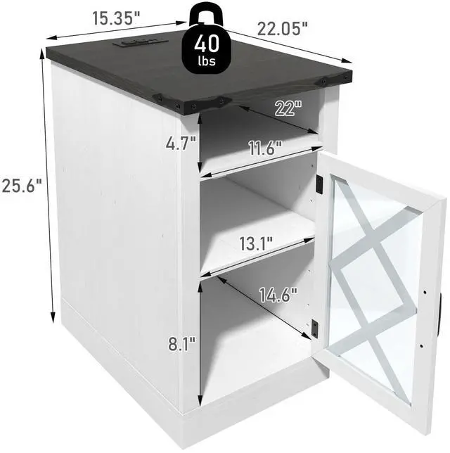 Alt view image 3 of 7 - Farmhouse End Table with Charging Station, 15.4'' Rustic Nightstand with Barn Door & Adjustable Shelf, Wooden Sofa Side Table with 3-Tier Storage for Living Room, Bedroom, White