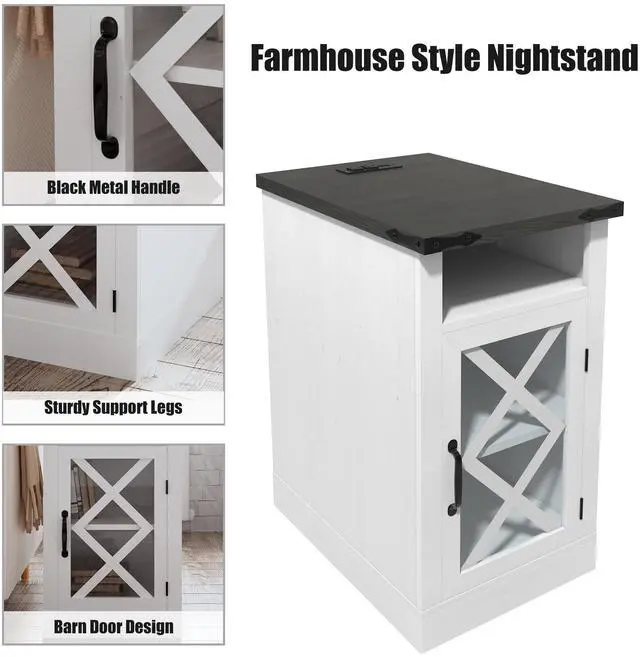 Alt view image 4 of 7 - Farmhouse End Table with Charging Station, 15.4'' Rustic Nightstand with Barn Door & Adjustable Shelf, Wooden Sofa Side Table with 3-Tier Storage for Living Room, Bedroom, White