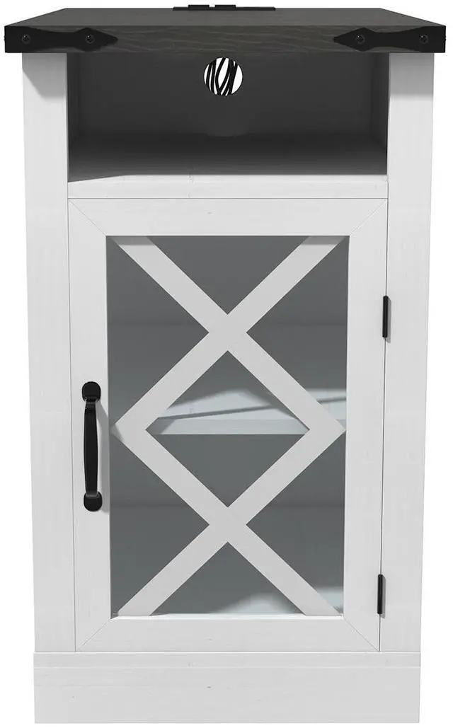 Alt view image 2 of 7 - Farmhouse End Table with Charging Station, 15.4'' Rustic Nightstand with Barn Door & Adjustable Shelf, Wooden Sofa Side Table with 3-Tier Storage for Living Room, Bedroom, White