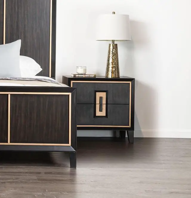 Alt view image 4 of 7 - Modern Espresso Bedside Table Bedroom Furniture 1pc Nightstand Gold Accent Trim Wooden Finger Pull