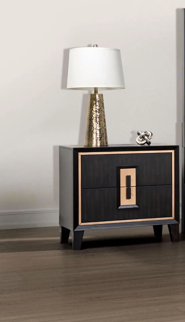 Alt view image 6 of 7 - Modern Espresso Bedside Table Bedroom Furniture 1pc Nightstand Gold Accent Trim Wooden Finger Pull