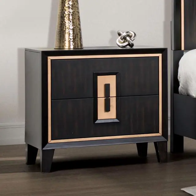 Main image of Modern Espresso Bedside Table Bedroom Furniture 1pc Nightstand Gold Accent Trim Wooden Finger Pull