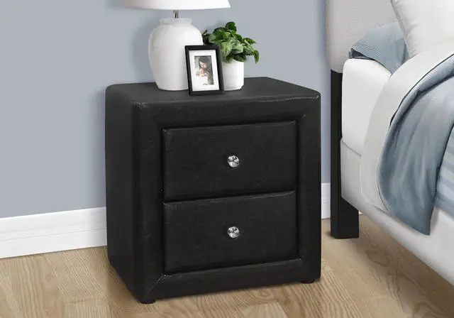 Alt view image 4 of 7 - Nightstand, Nightstand, End, Side, Lamp, Storage Drawer, Bedroom, Upholstered, Black Leather Look, Transitional