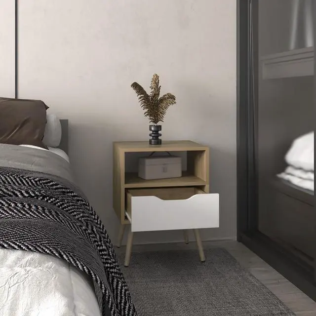 Alt view image 2 of 7 - Wenden 21" High Nightstand, One Drawer, One Open Shelf, Natural Oak, White