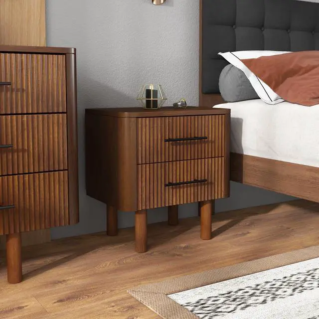 Alt view image 2 of 7 - Logan Mid Century Modern Walnut Nightstand Bed Side Tables With 2 Drawers