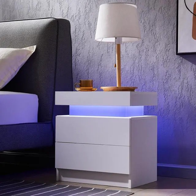 Main image of Nightstand LED Bedside Table Cabinet Lights Modern End Side with 2 Drawers for Bedroom (White)