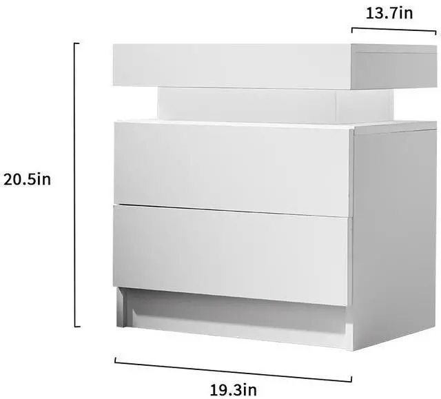 Alt view image 2 of 5 - Nightstand LED Bedside Table Cabinet Lights Modern End Side with 2 Drawers for Bedroom (White)