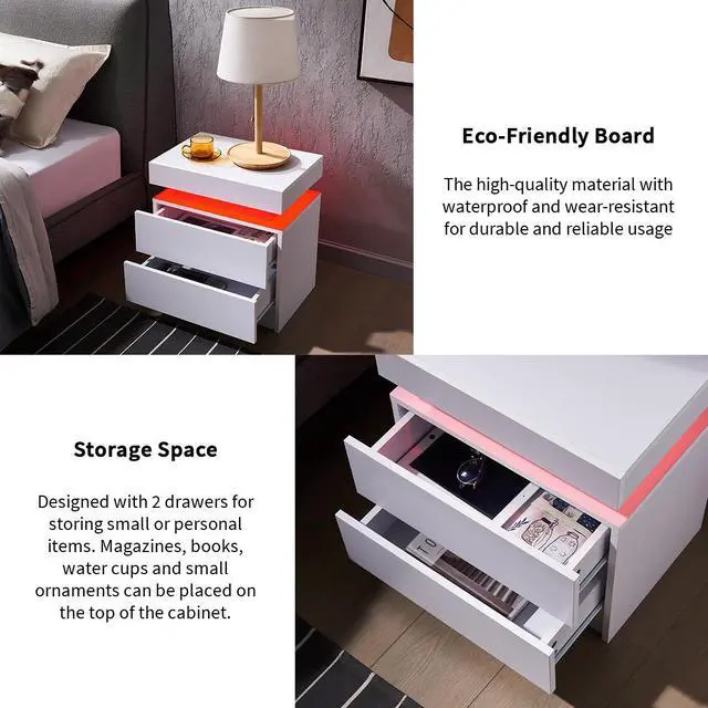 Alt view image 3 of 5 - Nightstand LED Bedside Table Cabinet Lights Modern End Side with 2 Drawers for Bedroom (White)