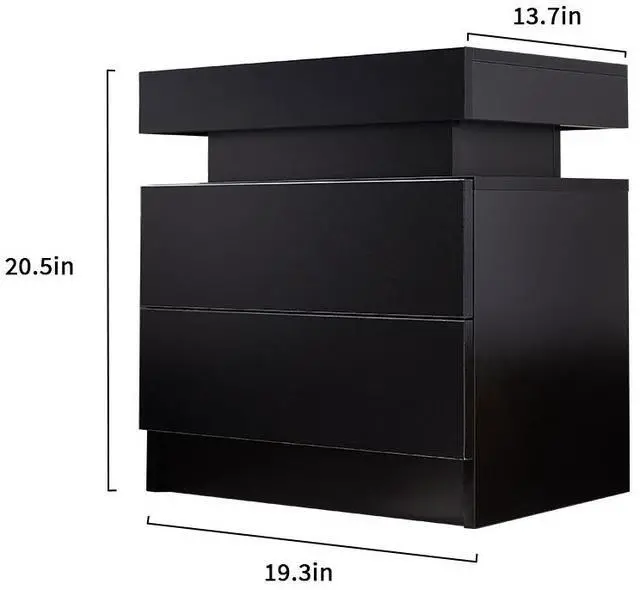 Alt view image 2 of 5 - Nightstand LED Bedside Table Cabinet Lights Modern End Side with 2 Drawers for Bedroom (Black)