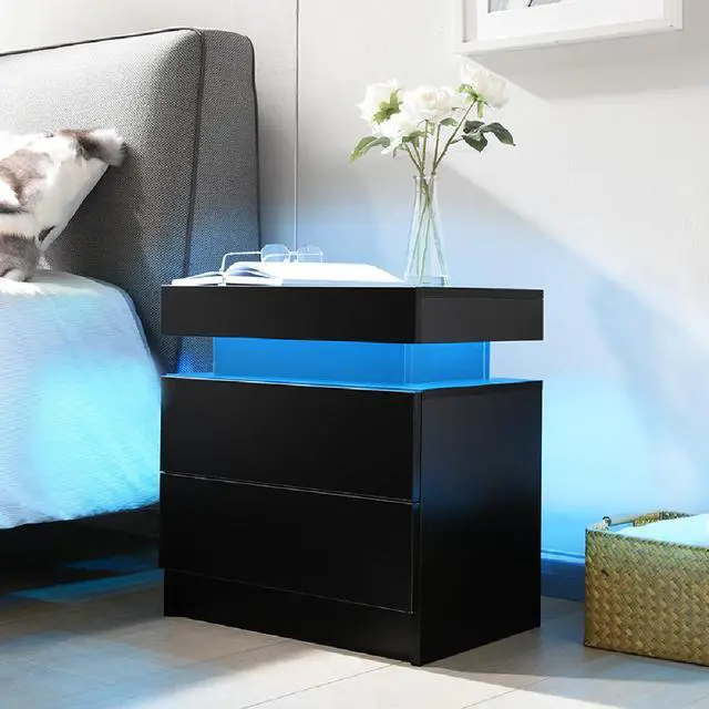 Main image of Nightstand LED Bedside Table Cabinet Lights Modern End Side with 2 Drawers for Bedroom (Black)
