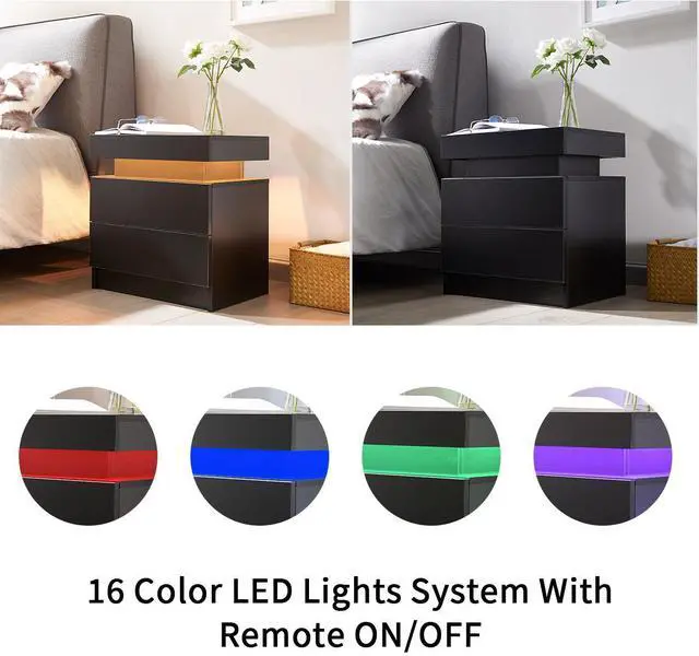 Alt view image 5 of 5 - Nightstand LED Bedside Table Cabinet Lights Modern End Side with 2 Drawers for Bedroom (Black)