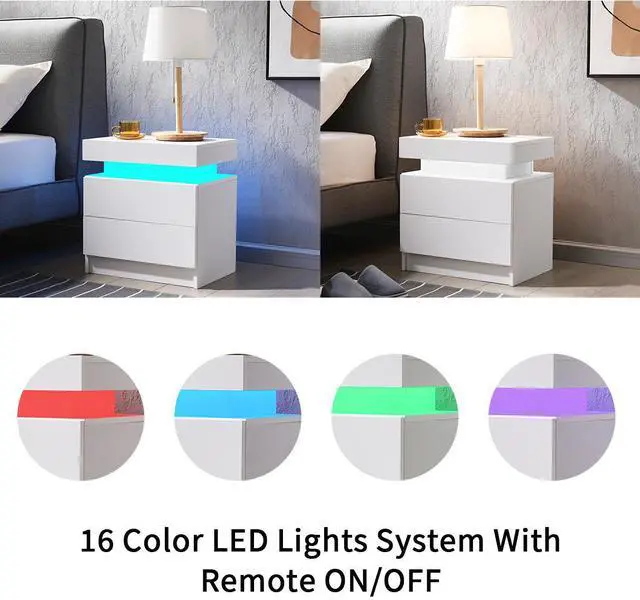 Alt view image 5 of 5 - Nightstand LED Bedside Table Cabinet Lights Modern End Side with 2 Drawers for Bedroom (White)