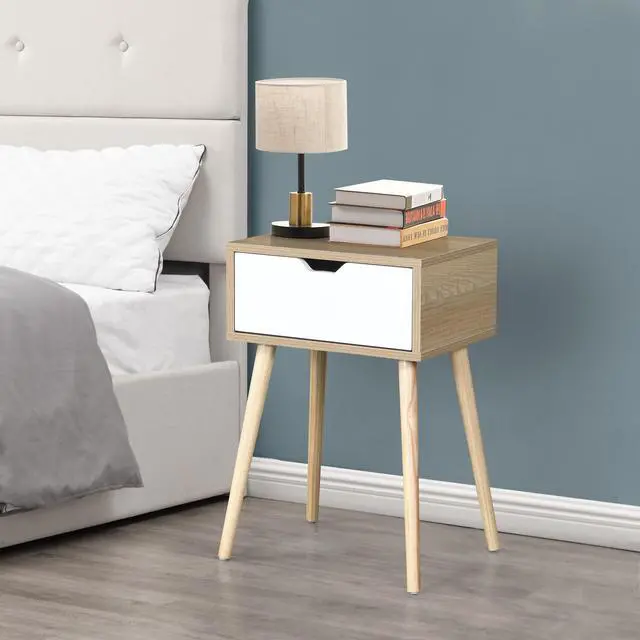 Main image of Side Table with 1 Drawer and Rubber Wood Legs, Mid-Century Modern Storage Cabinet for Bedroom Living Room Furniture, White with solid wood color