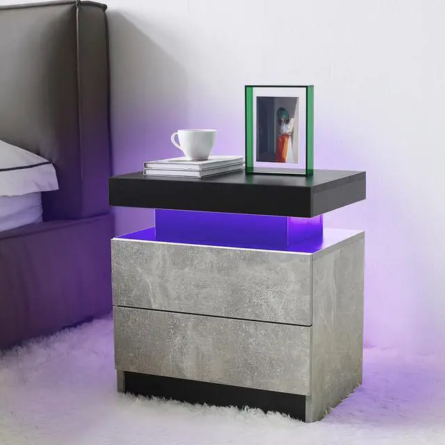 Main image of Nightstand LED Bedside Table Cabinet Lights Modern End Side with 2 Drawers for Bedroom (Black+Gray)