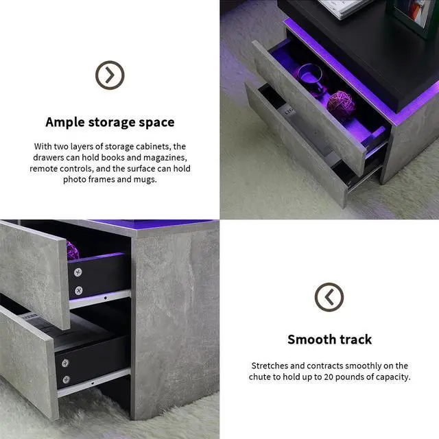 Alt view image 3 of 5 - Nightstand LED Bedside Table Cabinet Lights Modern End Side with 2 Drawers for Bedroom (Black+Gray)