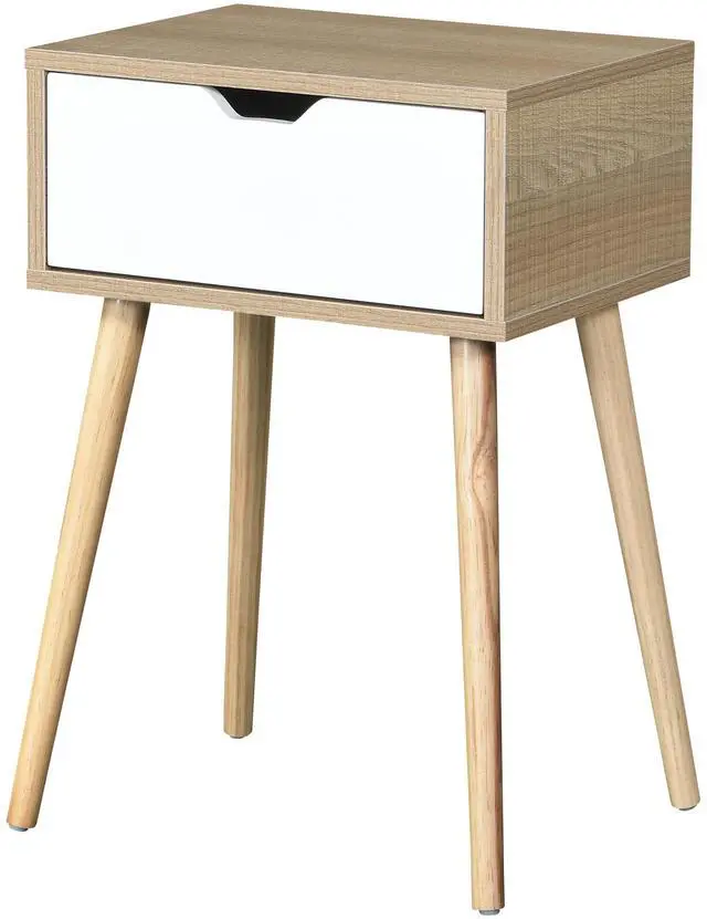 Alt view image 2 of 6 - Side Table with 1 Drawer and Rubber Wood Legs, Mid-Century Modern Storage Cabinet for Bedroom Living Room Furniture, White with solid wood color