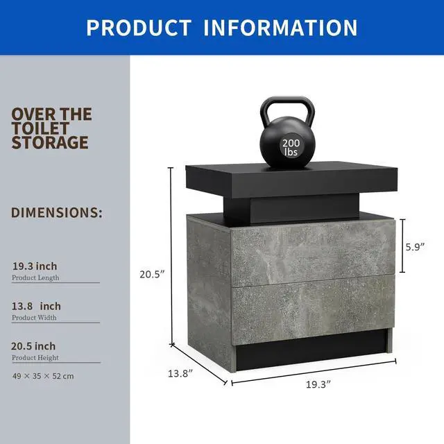 Alt view image 2 of 5 - Nightstand LED Bedside Table Cabinet Lights Modern End Side with 2 Drawers for Bedroom (Black+Gray)