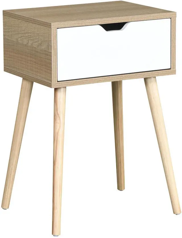 Alt view image 4 of 6 - Side Table with 1 Drawer and Rubber Wood Legs, Mid-Century Modern Storage Cabinet for Bedroom Living Room Furniture, White with solid wood color