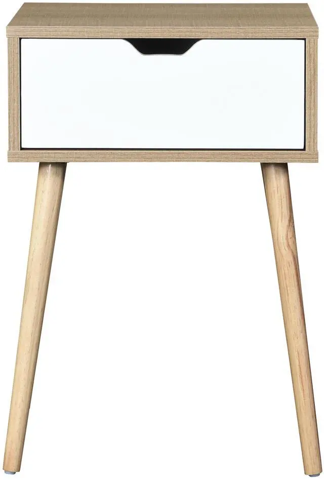 Alt view image 3 of 6 - Side Table with 1 Drawer and Rubber Wood Legs, Mid-Century Modern Storage Cabinet for Bedroom Living Room Furniture, White with solid wood color