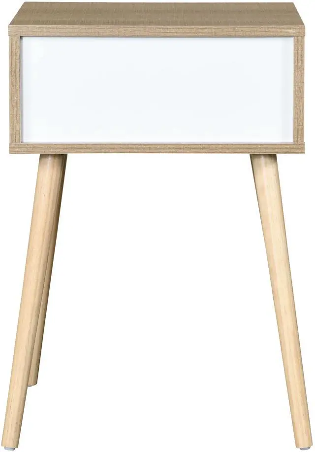 Alt view image 5 of 6 - Side Table with 1 Drawer and Rubber Wood Legs, Mid-Century Modern Storage Cabinet for Bedroom Living Room Furniture, White with solid wood color