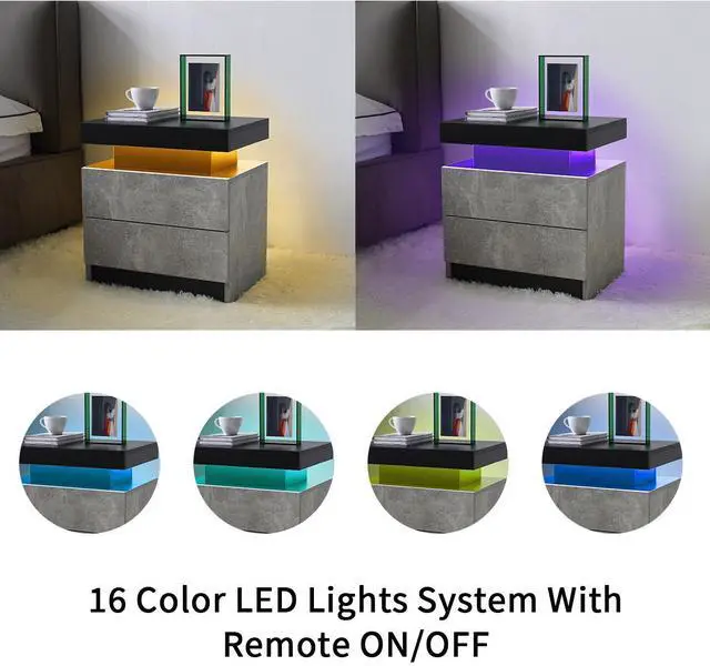Alt view image 5 of 5 - Nightstand LED Bedside Table Cabinet Lights Modern End Side with 2 Drawers for Bedroom (Black+Gray)