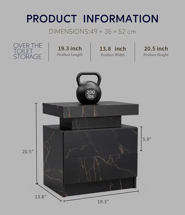 Alt view image 2 of 6 - Nightstand LED Bedside Table Cabinet Lights Modern End Side with 2 Drawers for Bedroom (Black Gold)