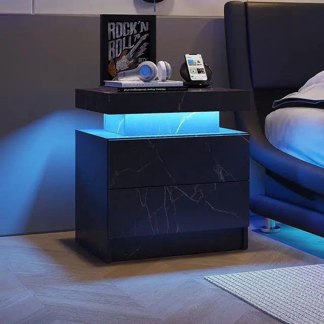 Main image of Nightstand LED Bedside Table Cabinet Lights Modern End Side with 2 Drawers for Bedroom (Black Gold)