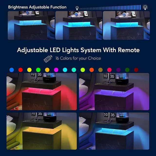 Alt view image 4 of 6 - Nightstand LED Bedside Table Cabinet Lights Modern End Side with 2 Drawers for Bedroom (Black Gold)