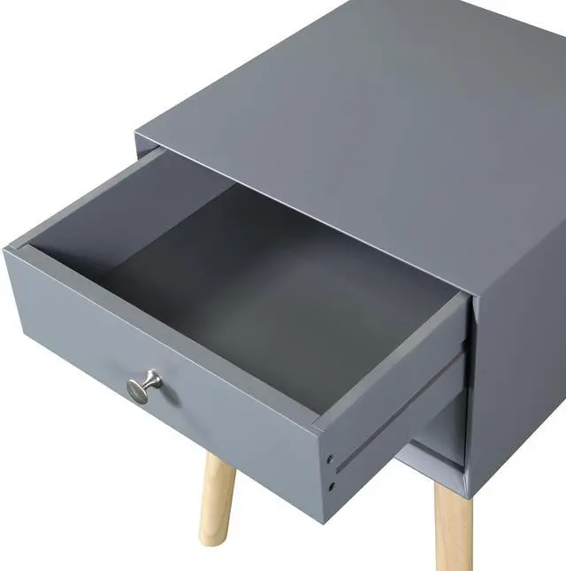 Alt view image 6 of 6 - Side Table,Bedside Table with 2 Drawers and Rubber Wood Legs, Mid-Century Modern Storage Cabinet for Bedroom Living Room, Gray