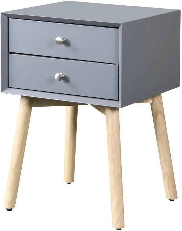 Alt view image 3 of 6 - Side Table,Bedside Table with 2 Drawers and Rubber Wood Legs, Mid-Century Modern Storage Cabinet for Bedroom Living Room, Gray