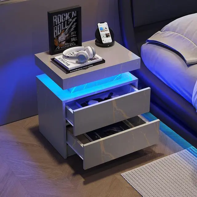 Alt view image 3 of 6 - Nightstand LED Bedside Table Cabinet Lights Modern End Side with 2 Drawers for Bedroom (Grey Gold)