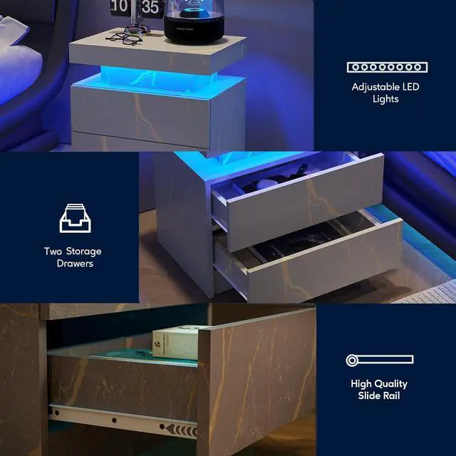 Alt view image 5 of 6 - Nightstand LED Bedside Table Cabinet Lights Modern End Side with 2 Drawers for Bedroom (Grey Gold)