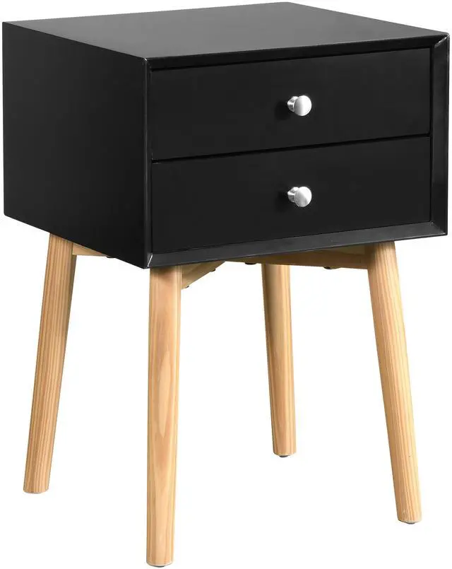 Alt view image 3 of 6 - Side Table,Bedside Table with 2 Drawers and Rubber Wood Legs, Mid-Century Modern Storage Cabinet for Bedroom Living Room, Black