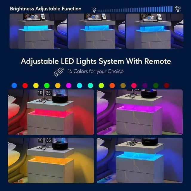 Alt view image 4 of 6 - Nightstand LED Bedside Table Cabinet Lights Modern End Side with 2 Drawers for Bedroom (Grey Gold)