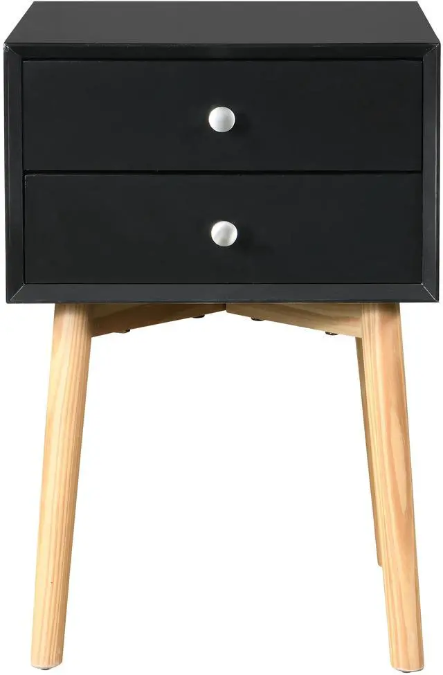 Alt view image 2 of 6 - Side Table,Bedside Table with 2 Drawers and Rubber Wood Legs, Mid-Century Modern Storage Cabinet for Bedroom Living Room, Black
