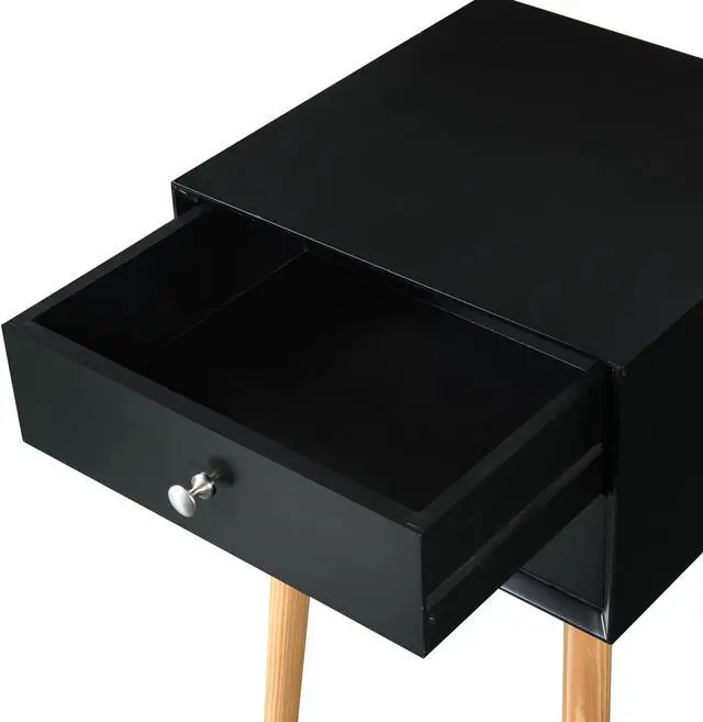 Alt view image 6 of 6 - Side Table,Bedside Table with 2 Drawers and Rubber Wood Legs, Mid-Century Modern Storage Cabinet for Bedroom Living Room, Black