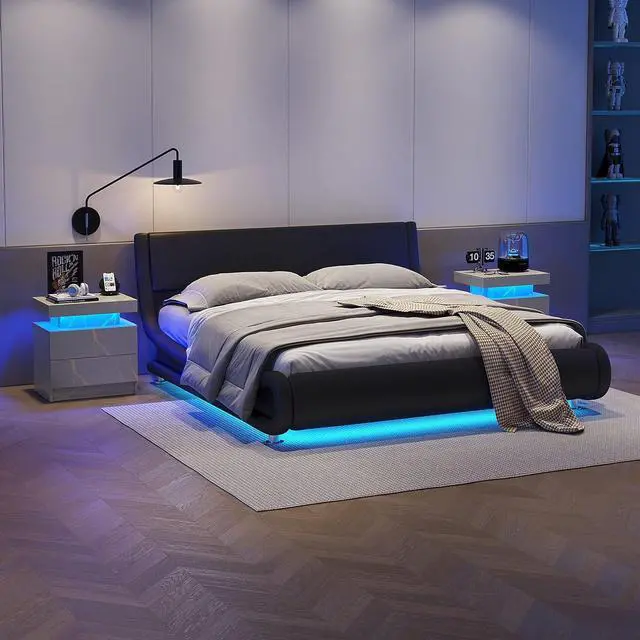 Alt view image 6 of 6 - Nightstand LED Bedside Table Cabinet Lights Modern End Side with 2 Drawers for Bedroom (Grey Gold)