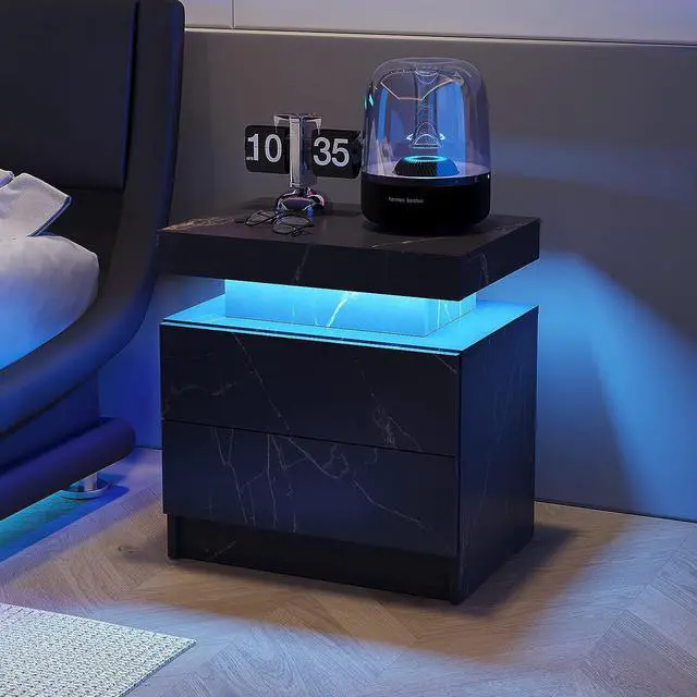 Alt view image 5 of 6 - Nightstand LED Bedside Table Cabinet Lights Modern End Side with 2 Drawers for Bedroom (Black Gold)