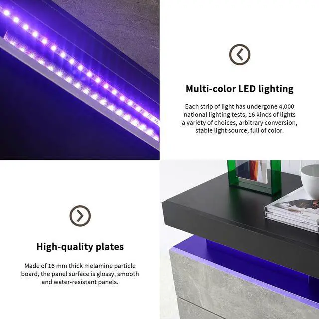 Alt view image 4 of 5 - Nightstand LED Bedside Table Cabinet Lights Modern End Side with 2 Drawers for Bedroom (Black+Gray)