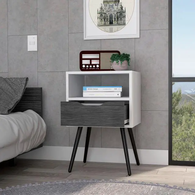 Alt view image 2 of 6 - Nightstand 25"H, Superior Top, Four Legs, One Open Shelf, One Drawer, Smokey Oak / White