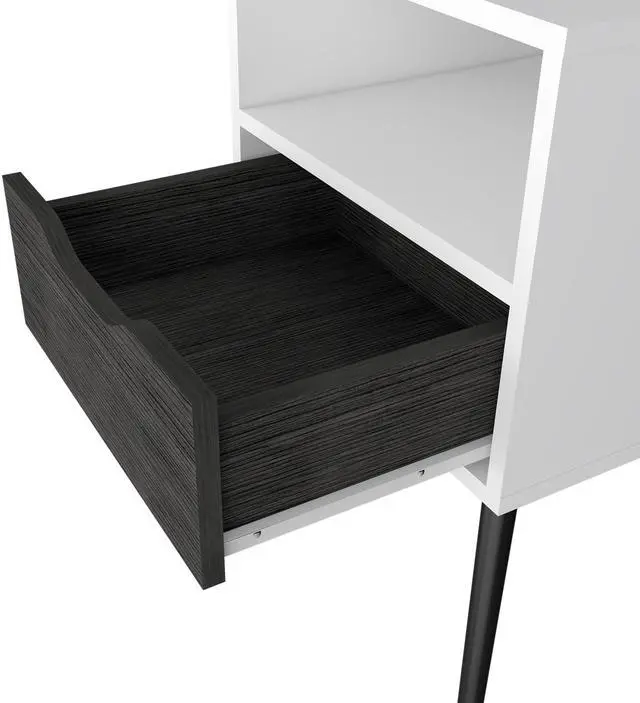 Alt view image 4 of 6 - Nightstand 25"H, Superior Top, Four Legs, One Open Shelf, One Drawer, Smokey Oak / White