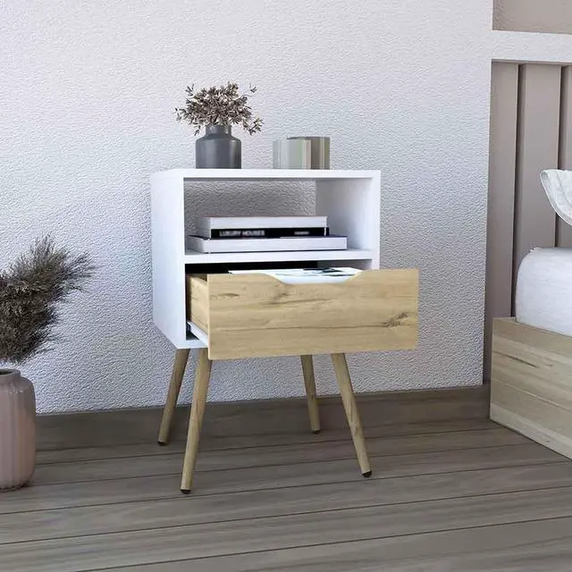 Alt view image 2 of 6 - Nightstand 25"H, Superior Top, Four Legs, One Open Shelf, One Drawer, White / Light Oak