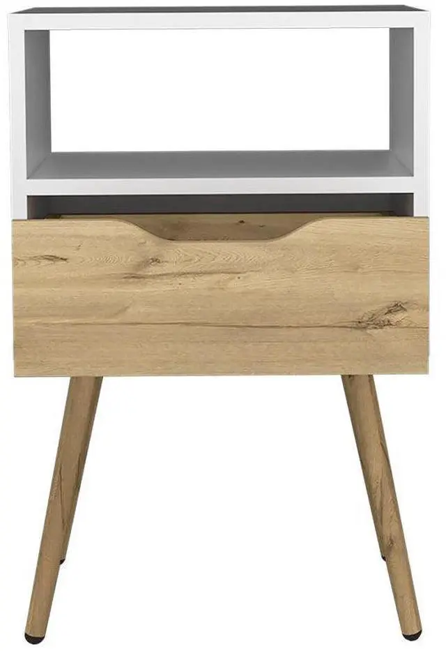 Alt view image 4 of 6 - Nightstand 25"H, Superior Top, Four Legs, One Open Shelf, One Drawer, White / Light Oak