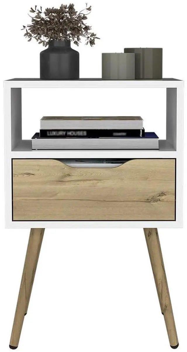 Alt view image 5 of 6 - Nightstand 25"H, Superior Top, Four Legs, One Open Shelf, One Drawer, White / Light Oak