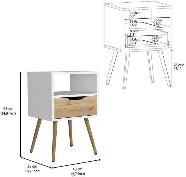 Alt view image 6 of 6 - Nightstand 25"H, Superior Top, Four Legs, One Open Shelf, One Drawer, White / Light Oak